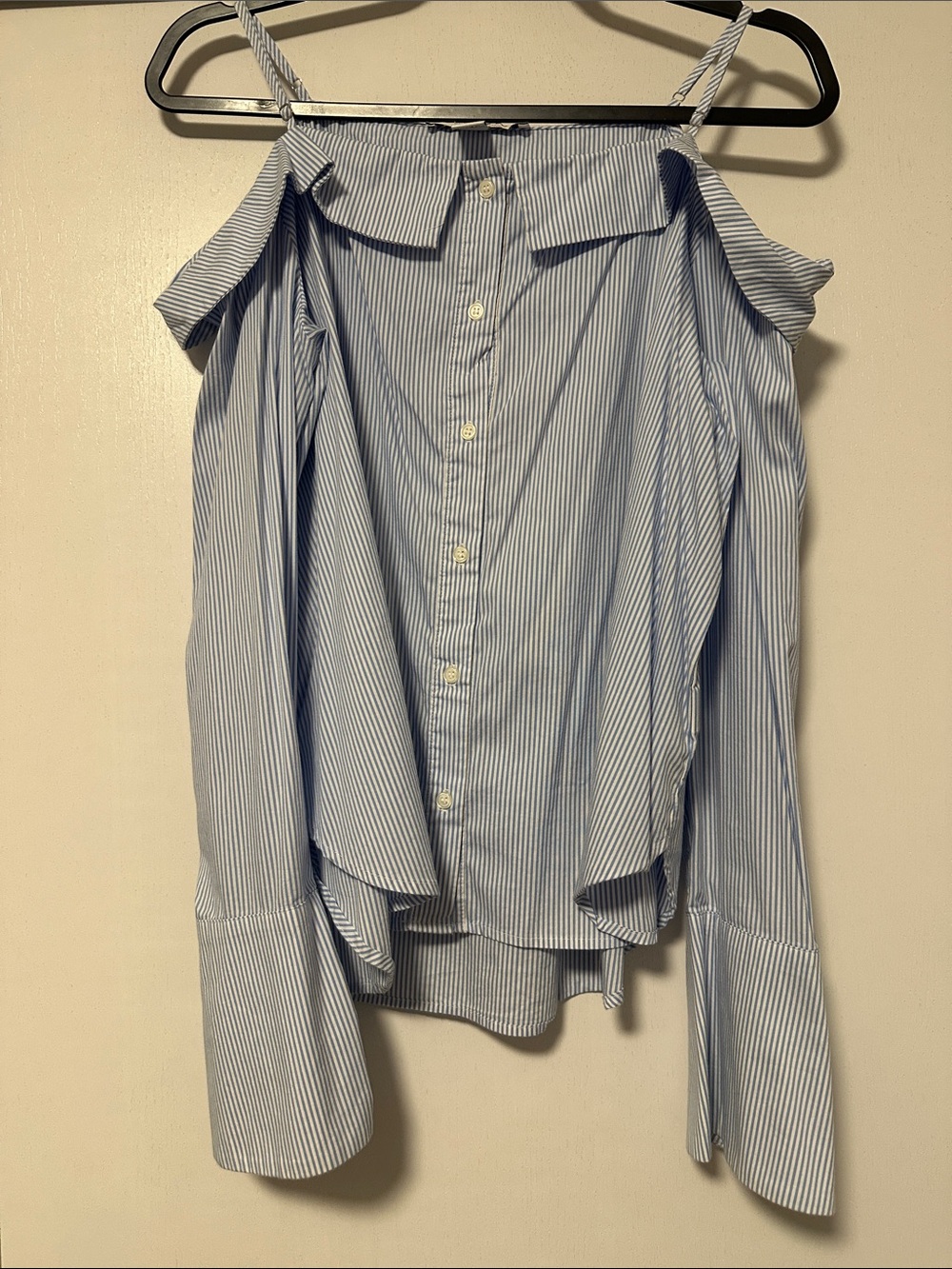 Forever 21 Off-the-Shoulder Striped Button Down Top with Long Bell Sleeve